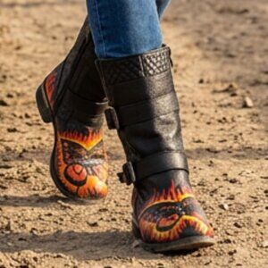 Hand Painted Black Leather Flame & Butterfly Painted Mid-Calf Boots